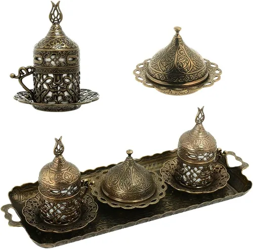 Alisveristime Juego de café turco para dos tazas auténticas estilo otomano, platillos y bandeja para servir con motivos de Lale (Acur) (verde