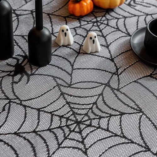 Miniatura 4 de Joyfol Day Mantel de tela de araña de Halloween, mantel redondo de encaje negro de 70 pulgadas, mantel lavable y espeluznante, mesas de telaraña