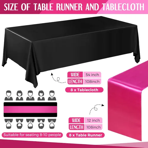 Miniatura 2 de Tudomro 16 piezas de manteles de plástico desechables negros y rosa fuerte y juego de camino de mesa de satén 54 x 108 pulgadas Mantel 12 x 108