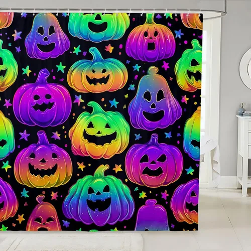 Miniatura 16 de Erosebridal Juego de cortinas de ducha góticas espeluznantes para bañeras, farol de calabaza, cortina de baño para niños, telarañas fantasmas, Multi