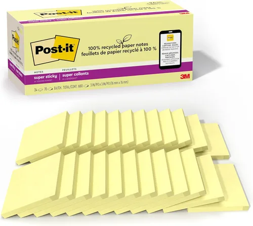 Post-it Notas súper adhesivas de papel 100% reciclado, amarillo canario, 3 pulgadas x 3 pulgadas, 24 blocs de notas adhesivas, 70 hojas por bloc,