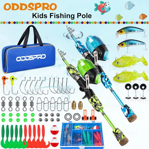 Miniatura 2 de ODDSPRO Caña de pescar para niños, color rosa, kit combinado de caña de pescar telescópica portátil y carrete - con caja de aparejos de pesca