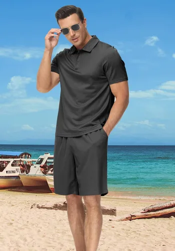 Miniatura 3 de MoFiz Conjunto de camiseta polo y pantalones cortos para hombre, trajes de verano, ligeros, casuales, de manga corta, traje de polo para hombre, 2
