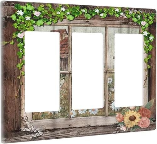 Miniatura 95 de Placa Cubierta de Interruptor de Luz de Palanca Individual con Diseño de Flor Botánica en Tablero de Madera Rústico Estilo Granja - Placa de Pared