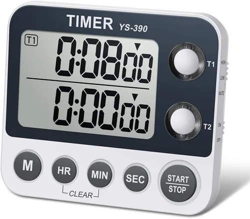 Temporizador digital de cocina de cocina, doble cuenta hacia arriba y hacia abajo con parte trasera magnética, pantalla grande, volumen ajustable y