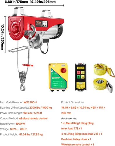 Miniatura 7 de VEVOR Polipasto eléctrico de 2200 libras con control remoto inalámbrico, polipasto eléctrico de 110 V con control remoto, altura de elevación de 40