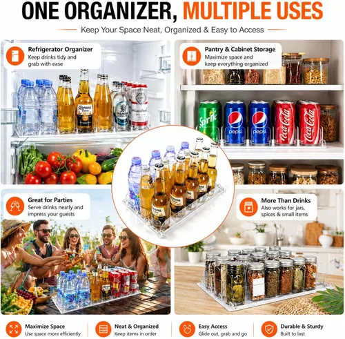 Miniatura 6 de Organizador de latas de soda apilable para refrigerador, dispensador automático de bebidas con empujador, capacidad para 25 a 30 latas, organizador
