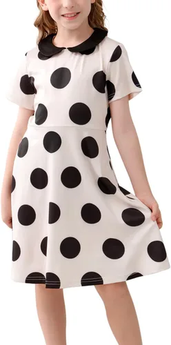 GORLYA Vestido de fiesta casual de manga corta para niña con cuello Peter Pan ajustado y acampanado con bolsillos, 4-12 años