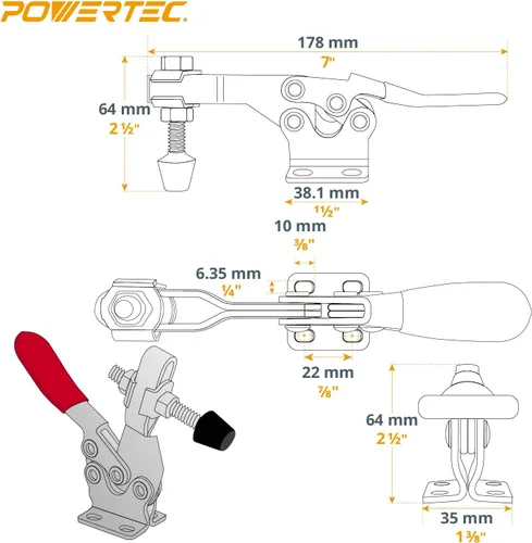 Miniatura 2 de POWERTEC 1PK Abrazadera de palanca, capacidad de 500 lbs, 225D Abrazaderas de liberación rápida horizontales con punta de presión de goma