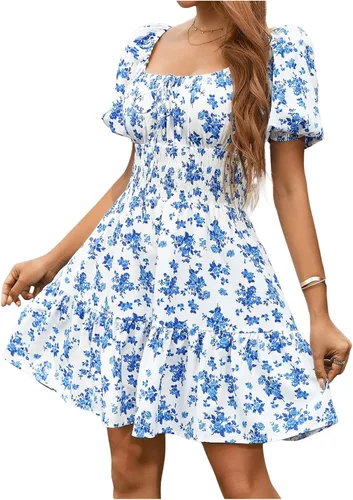 Miniatura 5 de Floerns Vestido bohemio de manga corta abombada con cuello cuadrado y lazo frontal para mujer