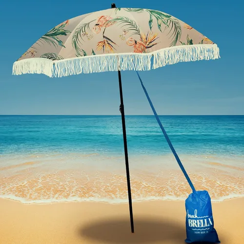 Miniatura 7 de Sombrilla de playa para arena, resistente al viento, con bolsa de anclaje de arena, portátil, flecos, bolsa de mezclilla, cuenta con parte inferior