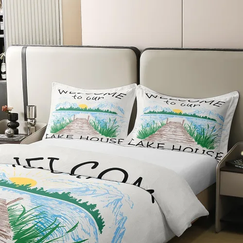 Miniatura 4 de Lake House - Funda de edredón 100 % algodón, tamaño individual, diseño de paisaje de lago y montaña, dibujado a mano, decoración de habitación