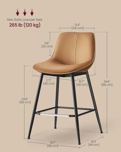 Miniatura 2 de VASAGLE Juego de 4 taburetes de bar de altura de mostrador con respaldo, respaldo ergonómico, cuero sintético, patas de metal, taburetes de bar