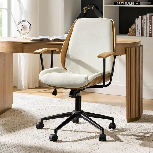 Miniatura 10 de HULALA HOME Silla de oficina de madera maciza con función de balanceo, silla de escritorio de tela cómoda con base de madera curvada y metal, silla