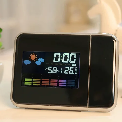 Akozon Reloj despertador de proyección Digital LED Pronóstico del tiempo Calendario Pantalla Reloj despertador Temperatura Humedad Monitor Medidor