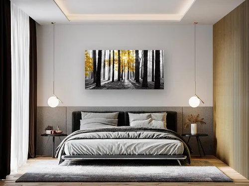Miniatura 4 de Cao Gen Decor Art S06350 Arte de Pared Pintura en Lienzo Árbol Amarillo en Blanco y Negro Sunshine Bosque Brumoso Imagen Póster Impresión Enmarcado