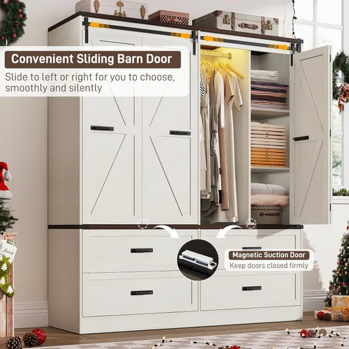 Miniatura 3 de Armario de guardarropa de granja con 4 puertas, armario de dormitorio con puerta corrediza plegable estilo granero y luces, armario de dormitorio