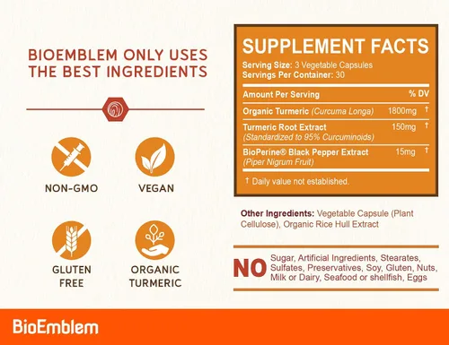 Miniatura 2 de BioEmblem Curcumina de cúrcuma con cúrcuma clínicamente estudiada TurmiPure Suplemento de curcumina de cúrcuma con BioPerine