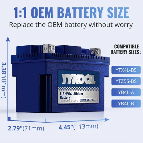 Miniatura 2 de TYKOOL YTX4L-BS-Pro Batería de litio de alto rendimiento para motocicleta, 180CCA 12.8V 3Ah LiFePO4, batería para deportes de motor, con BMS