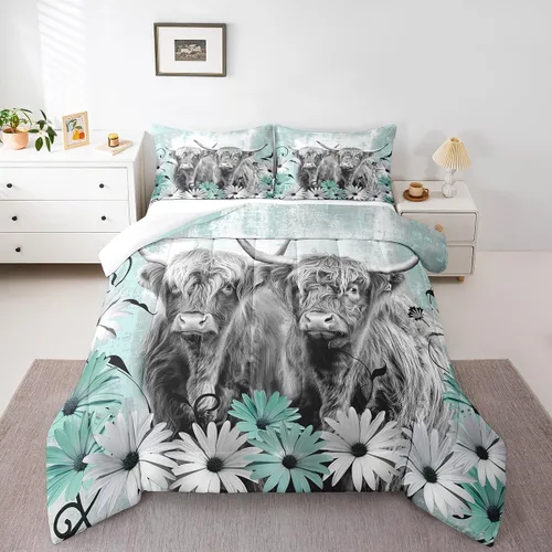 Erosebridal Highland Cow - Juego de edredón tamaño matrimonial, juego de ropa de cama de toro de cuerno largo occidental para niños y adultos, Verde