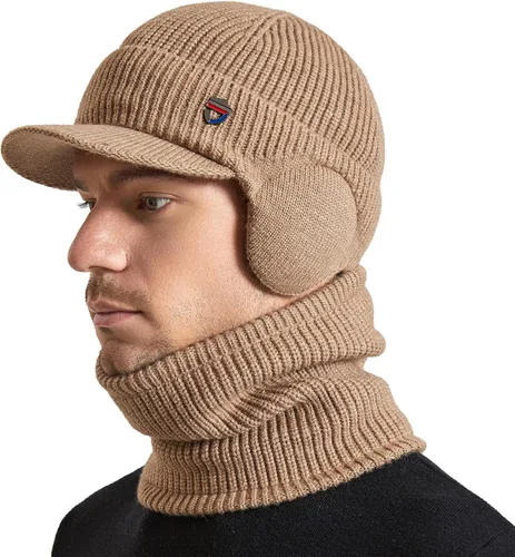 Miniatura 6 de Muryobao Gorro de invierno para hombre, con visera de punto, con forro polar y calentador de cuello