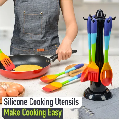 Miniatura 5 de Juego de espátulas de silicona arcoíris de 9 piezas con pinzas, utensilios de cocina multicolores resistentes al calor para utensilios de cocina