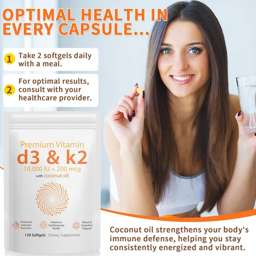Miniatura 2 de Vitamina D3 K2 de 10000 UI – 240 cápsulas blandas de aceite de coco virgen, suplemento complejo de vitamina D y K 2 en 1, cápsulas blandas de apoyo