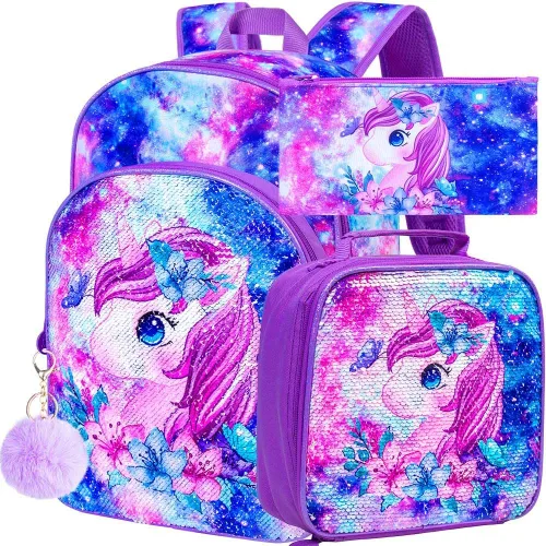 Miniatura 10 de KLFVB 3 mochilas de sirena de unicornio para niñas, bolsa de libros y lonchera de lentejuelas de 16 pulgadas, mochilas preescolares para primaria