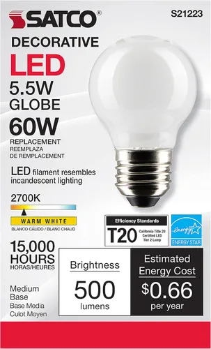 Miniatura 3 de Satco Bombilla LED E26 de 5.5 W, 2700 K, clasificación de 15000 horas, regulable blanco