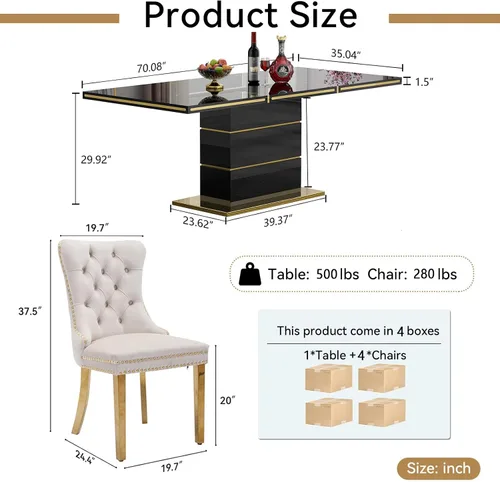 Miniatura 3 de Juego de 5 mesas de comedor negras brillantes para 4, mesa de cocina moderna de madera de alto brillo con 4 sillas de terciopelo beige, mesas