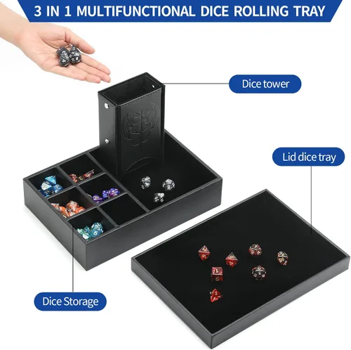 Miniatura 3 de Grajar Bandeja de dados 3 en 1 con tapa, caja de almacenamiento portátil para dados, soporte para dados DND para juegos de mesa de Dungeons and Negro
