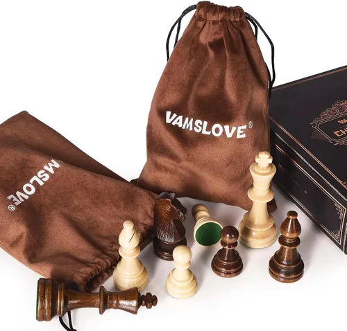 Miniatura 5 de Vamslove Piezas de Ajedrez de Madera Pesadas Solamente - Rey de 3.8'' - 2 Reinas Extra - 34 Piezas de Ajedrez de Madera de Torneo para Juego