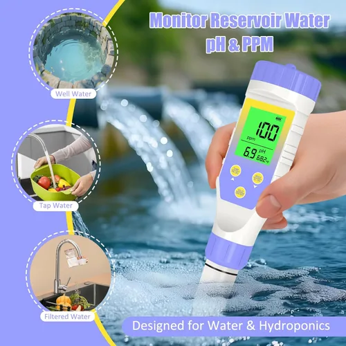 Miniatura 4 de Medidor de pH para hidroponía de agua, probador de sal TDS EC de pH 5 en 1 para solución nutritiva de agua, visualización simultánea de temperatura