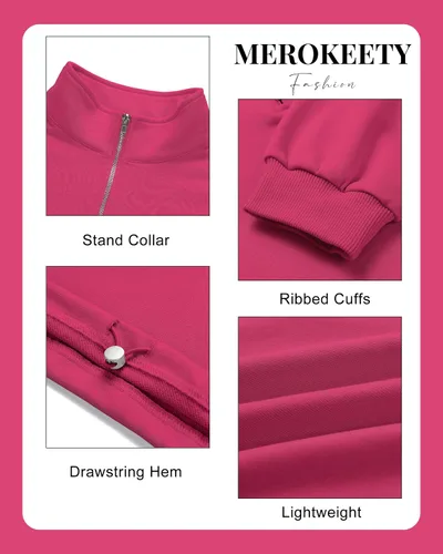 Miniatura 5 de MEROKEETY Sudadera corta con cremallera de un cuarto para mujer, manga larga, cuello alto, con cordón