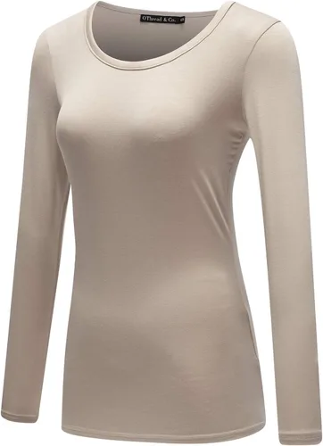 Miniatura 2 de OThread & Co. Camiseta de manga larga con cuello redondo para mujer, capa básica, de elastano