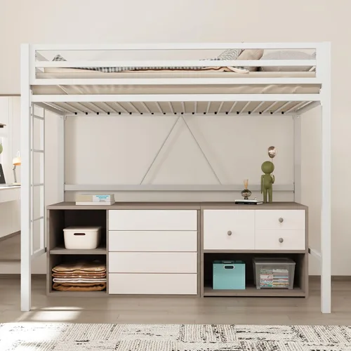 Miniatura 8 de Allewie Cama alta de metal tamaño individual con barandilla y escalera, diseño pequeño que ahorra espacio para dormitorio, habitación de niños