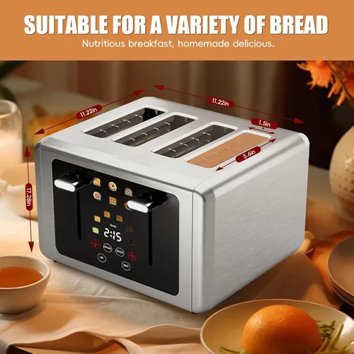 Miniatura 5 de WUNLY Tostadora de 4 rebanadas, pantalla táctil y panel de control independiente dual, 5 funciones básicas y tostadoras con cuenta regresiva