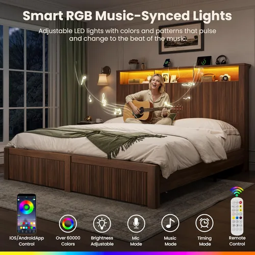 Miniatura 5 de CypBed Base de cama de tamaño matrimonial con cabecera y cajón de almacenamiento, marco de cama matrimonial con luz LED y puerto de carga, diseño
