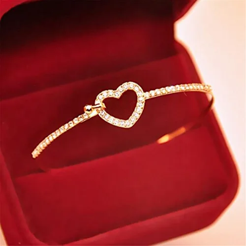 Miniatura 3 de JUNYY Delicada pulsera con dije de corazón hueco de diamantes de imitación para mujeres y niñas, pulsera de fiesta de cumpleaños (dorado)