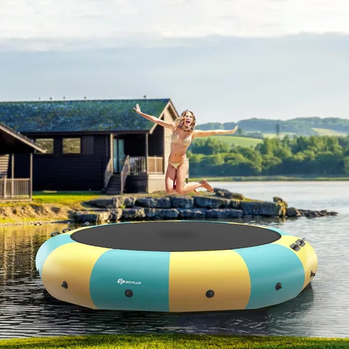 Miniatura 12 de Goplus - Trampolín inflable de agua de 10 pies, 12 pies, 15 pies, rebotador acuático recreativo con inflador eléctrico, escalera de cuerda, cuerdas