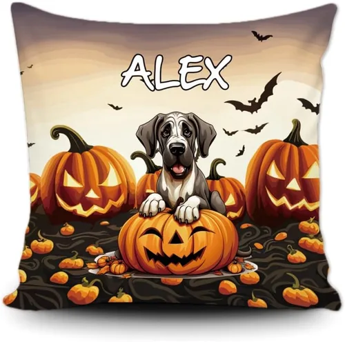 Miniatura 15 de Funda de almohada personalizada de Halloween, diseño de perro Golden Retriever, calabaza, cachorro inteligente, funda de cojín decorativa de lona 34