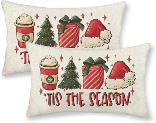 Miniatura 25 de Fundas de almohada navideñas de 18x18 pulgadas, paquete de 2, cuadros búfalo rojo y negro con ciervo, fundas de almohada decorativas, decoración
