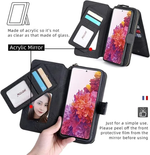 Miniatura 4 de Asuwish Funda de teléfono para Samsung Galaxy S20 FE 5G 6.5 pulgadas con cremallera con protector de pantalla y tarjetero de espejo abatible Cell S