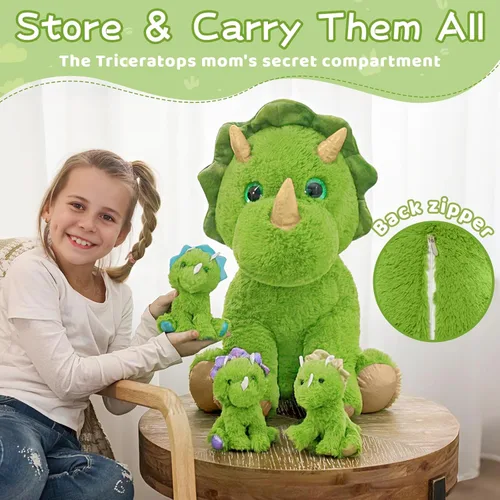 Miniatura 3 de Muiteiur Triceratops - Animal de peluche gigante de dinosaurio para mamá con 3 bebés pequeños, juguete de dinosaurio de felpa suave verde, regalo