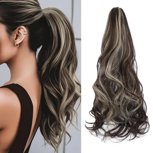 Miniatura 13 de Felendy Extensión de cola de caballo de 18 pulgadas, mezcla de rubio ceniza, marrón oscuro, rizado, ondulado, con clip, extensiones de cabello largo