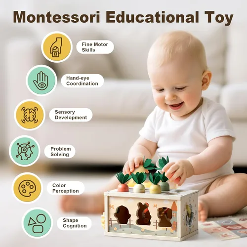 Miniatura 5 de Joyreal Caja de Pañuelos Montessori 8 en 1 para Bebé de 12 Meses - Cubo de Actividades de Madera de Color Neutro para Niños y Niñas Regalos