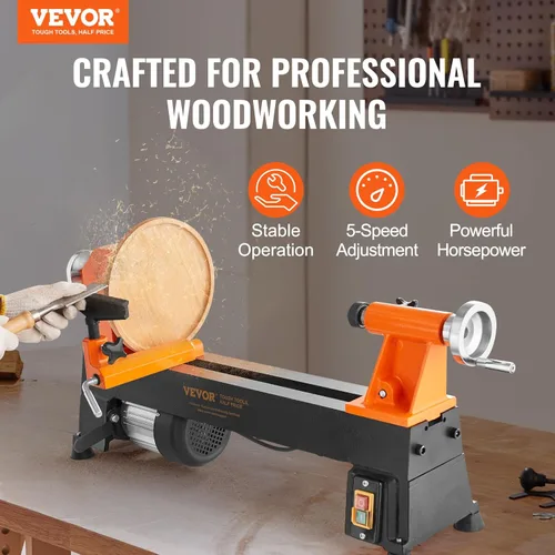 Miniatura 2 de VEVOR Torno de Madera de Sobremesa, 10 pulgadas x 18 pulgadas, 0.5 HP 370W Máquina de Torno para Madera, 5 Velocidades Variables