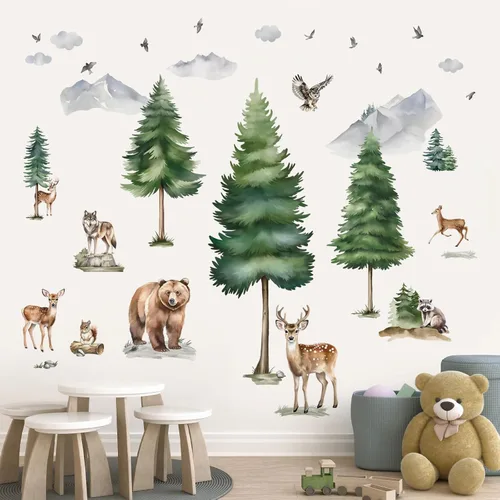 Miniatura 7 de Wondever Adhesivos de pared de árbol de montaña, árbol grande de pino, pegatinas de pared de arte con animales del bosque, oso, zorro, quitar