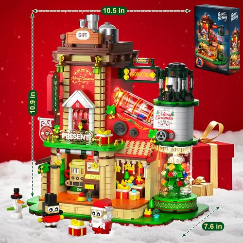 Miniatura 4 de Juego de construcción de fábrica de Navidad con luz, 2775 piezas de decoración de pueblo navideño para el hogar, kit de casa de vacaciones con árbol