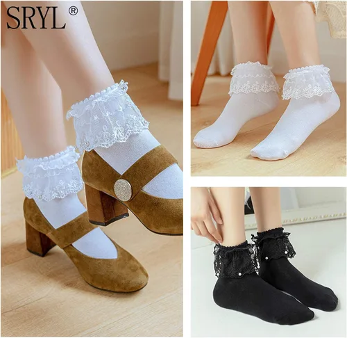 Miniatura 3 de SRYL Women Ruffle Pearls Ankle Socks Lace Frilly Socks, Cute Cotton Socks Ladies Girl Princess Lace Socks